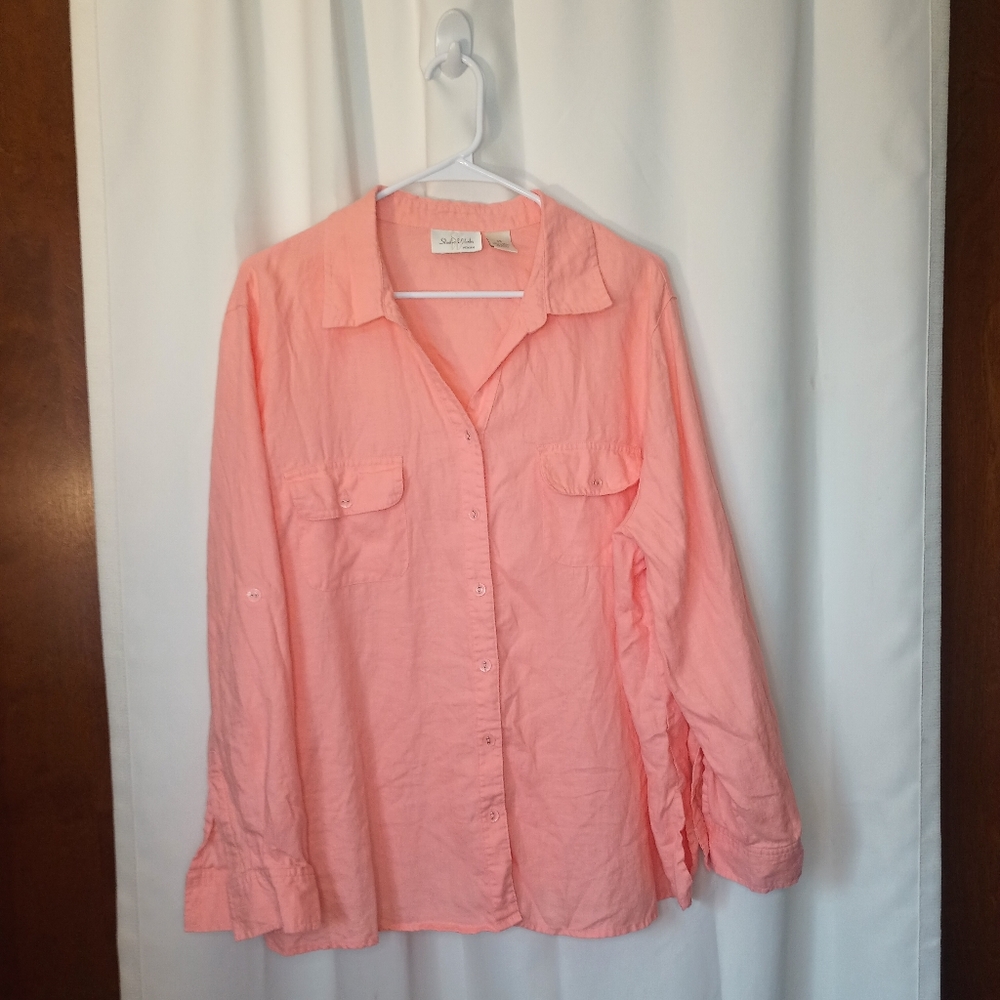 Studio Works Womens 100% Linen Button Up Top 2X Peach Spring Preppy Beach